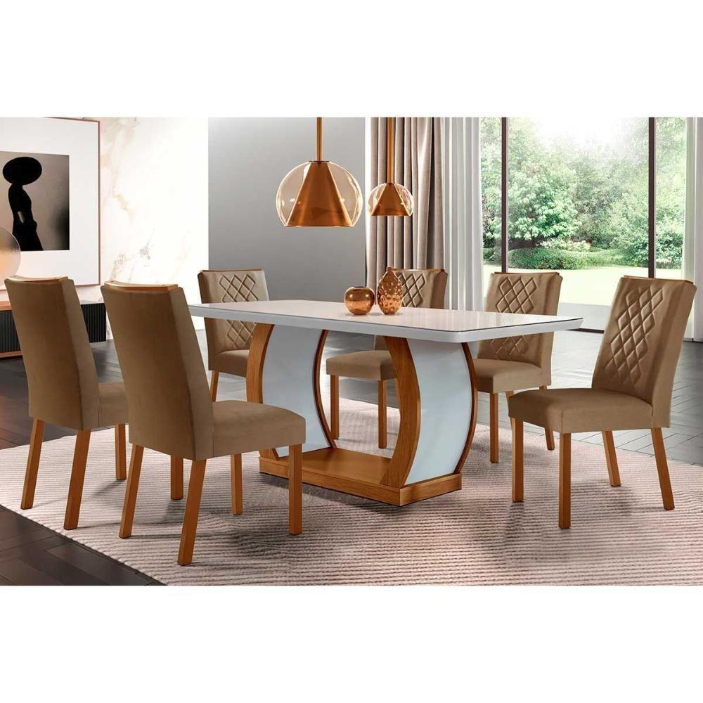 Sala de Jantar Completa Jade Tampo Madeirado c/ Vidro Curvo 180x90 e 6 Cadeiras Jade Imbuia/Veludo Capuccino - Rufato - 1