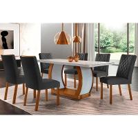 Sala de Jantar Completa Jade Tampo Madeirado c/ Vidro Curvo 180x90 e 6 Cadeiras Jade Imbuia/Veludo Grafite - Rufato - 1