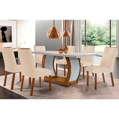 Sala De Jantar Jade Tampo com Vidro Curvo 180x90 E 6 Cadeiras Imbuia-veludo Creme-pérola Rufato