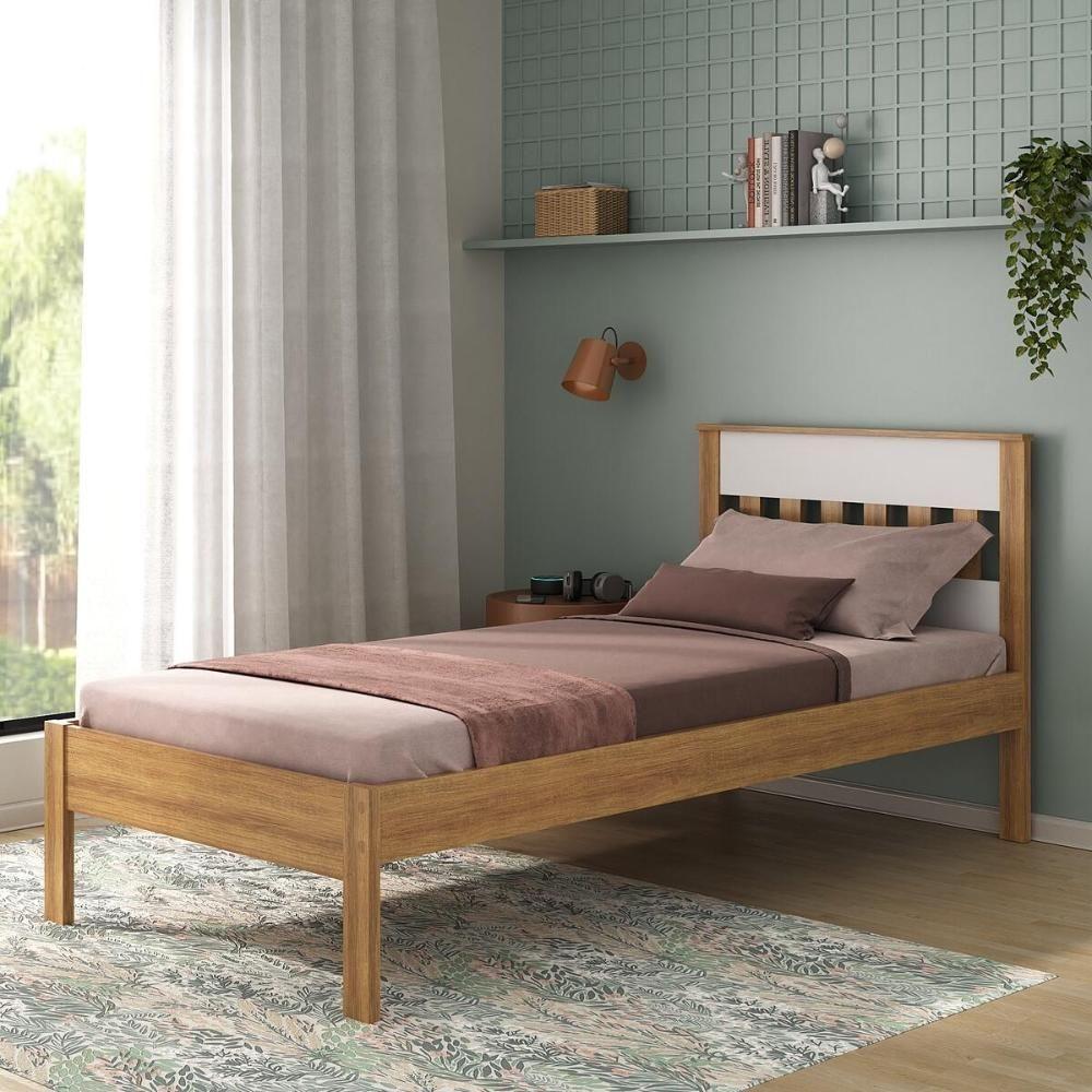 Cama De Solteiro Para Colchão 88 X 188 Cm Multimóveis Amêndoa Branco - 1