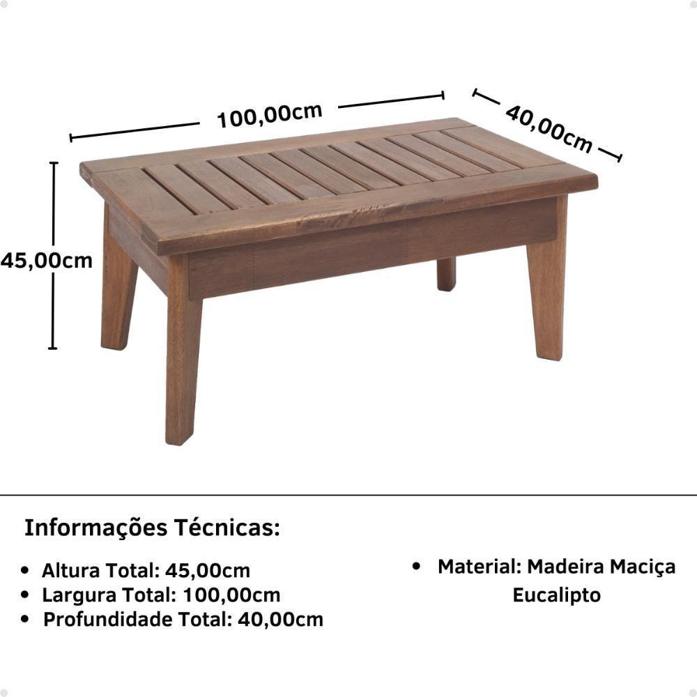 Mesa De Centro Retangular Rústica 100cm Em Madeira Maciça - Natural - 2
