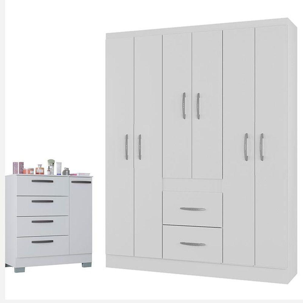 Cômoda 868 4 Gavetas E 1 Porta Com Guarda Roupa Casal Milão 6 Portas Branco Brilho - Poquema - 1