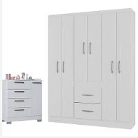 Cômoda 868 4 Gavetas E 1 Porta Com Guarda Roupa Casal Milão 6 Portas Branco Brilho - Poquema - 1
