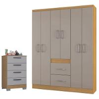 Cômoda 867 4 Gavetas Com Guarda Roupa Casal Milão 6 Portas Damasco Off White - Poquema - 1