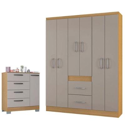 Kit Cômoda 868 4 Gavetas e 1 Compartimento com Guarda Roupa Casal Milão MDF Puxador Plástico Off