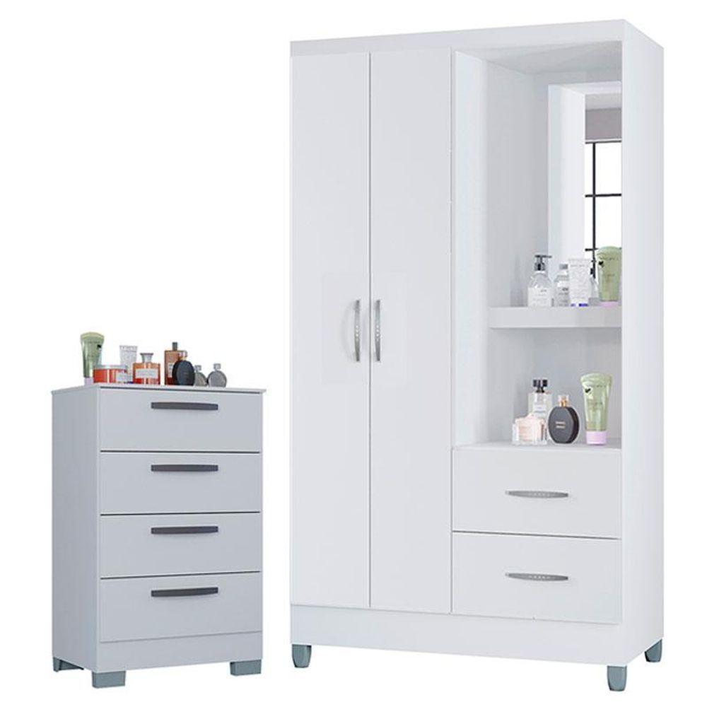 Cômoda 867 4 Gavetas Com Guarda Roupa Solteiro Córdoba 2 Portas Branco Brilho - Poquema - 1
