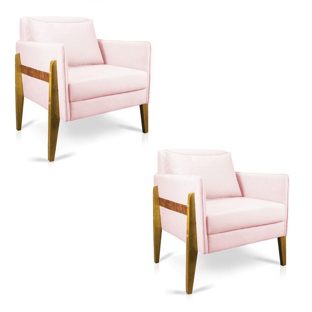 Kit 02 Poltronas Lana Suede Rosa Bebê Base De Madeira - 1
