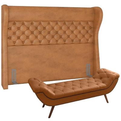 Kit Cabeceira Cama Box Casal 160 cm Madrid com Puff Recamier Santorini Courino Whisky