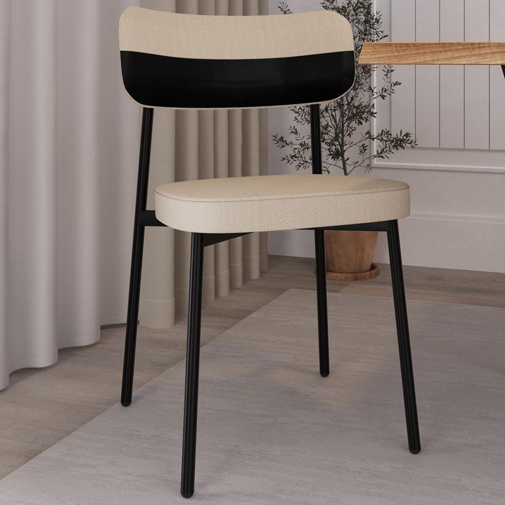 Kit 02 Cadeiras Estofada Para Sala De Jantar Astrid Preto C01 Linho Areia Courino Preto - Lyam Decor - 5