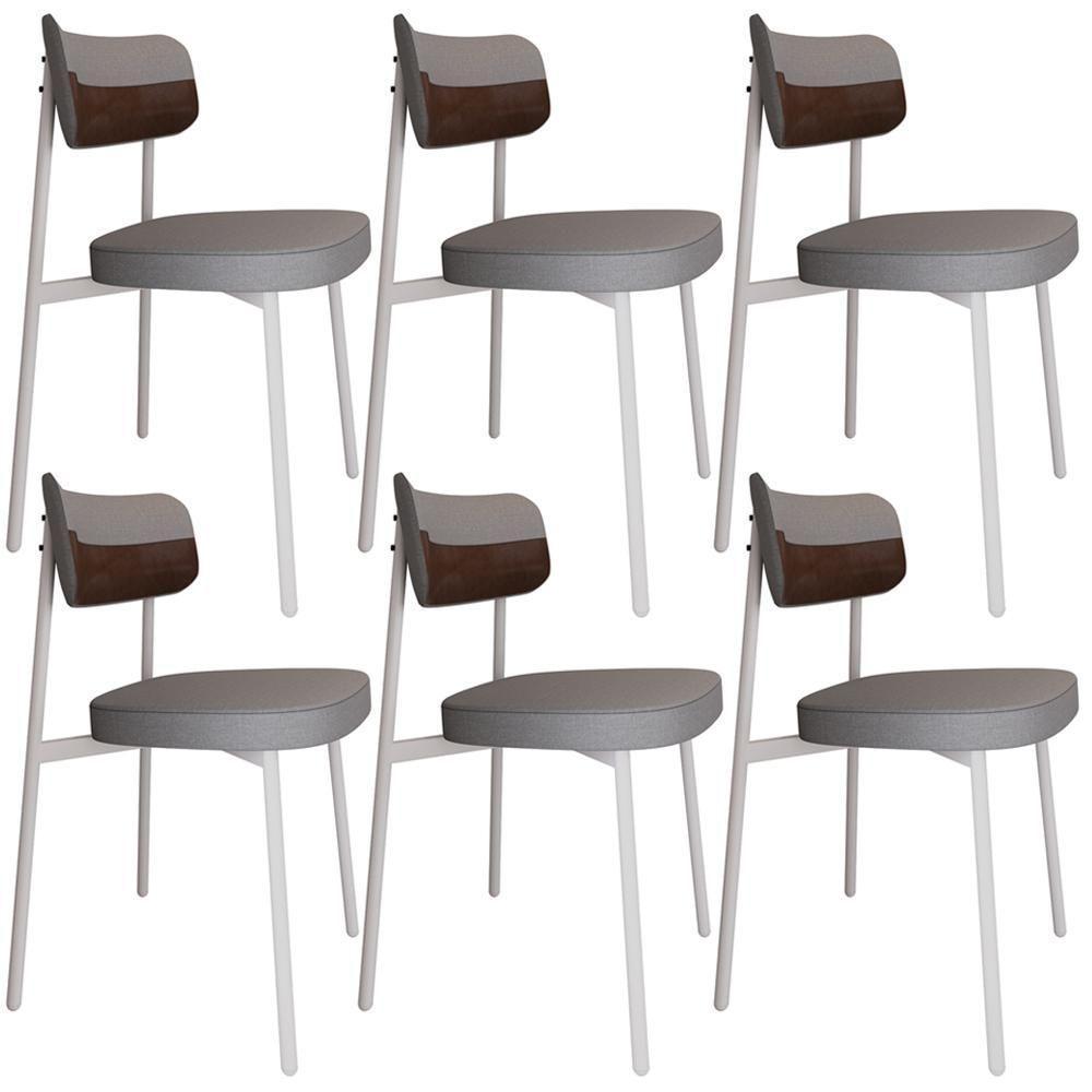 Kit 06 Cadeiras Estofada Para Sala De Jantar Astrid Branco C01 Linho Cinza Courino Whisky - Lyam Decor - 1