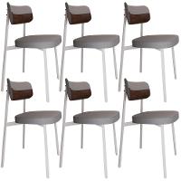 Kit 06 Cadeiras Estofada Para Sala De Jantar Astrid Branco C01 Linho Cinza Courino Whisky - Lyam Decor - 1