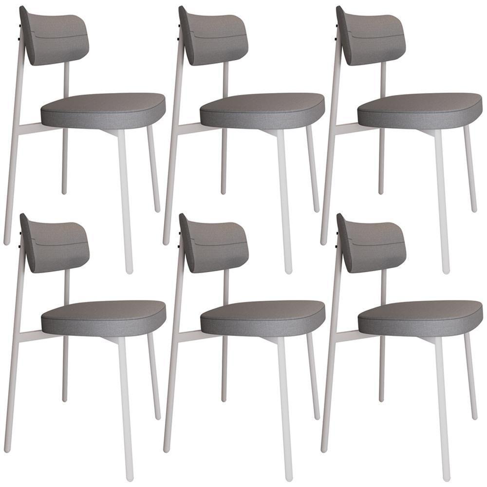 Kit 06 Cadeiras Estofada Para Sala De Jantar Astrid Branco C01 Linho Cinza - Lyam Decor - 1