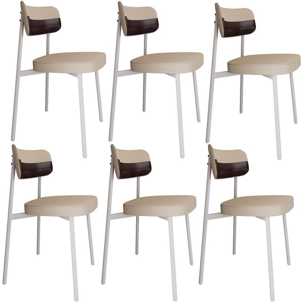 Kit 06 Cadeiras Estofada Para Sala De Jantar Astrid Branco C01 Linho Areia Courino Café - Lyam Decor - 1
