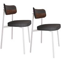 Kit 02 Cadeiras Estofada Para Sala De Jantar Astrid Branco C01 Linho Preto Courino Whisky - Lyam Decor - 1