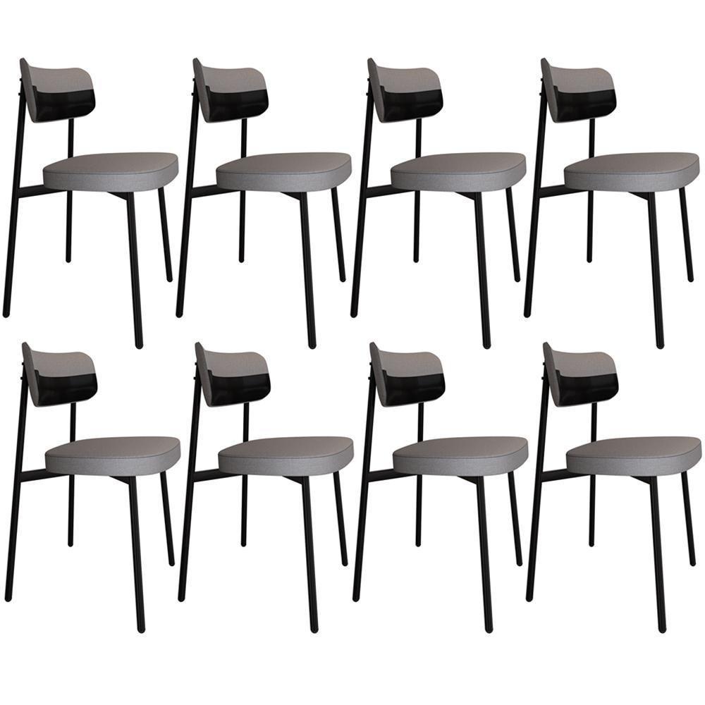 Kit 08 Cadeiras Estofada Para Sala De Jantar Astrid Preto C01 Linho Cinza Courino Preto - Lyam Decor - 1