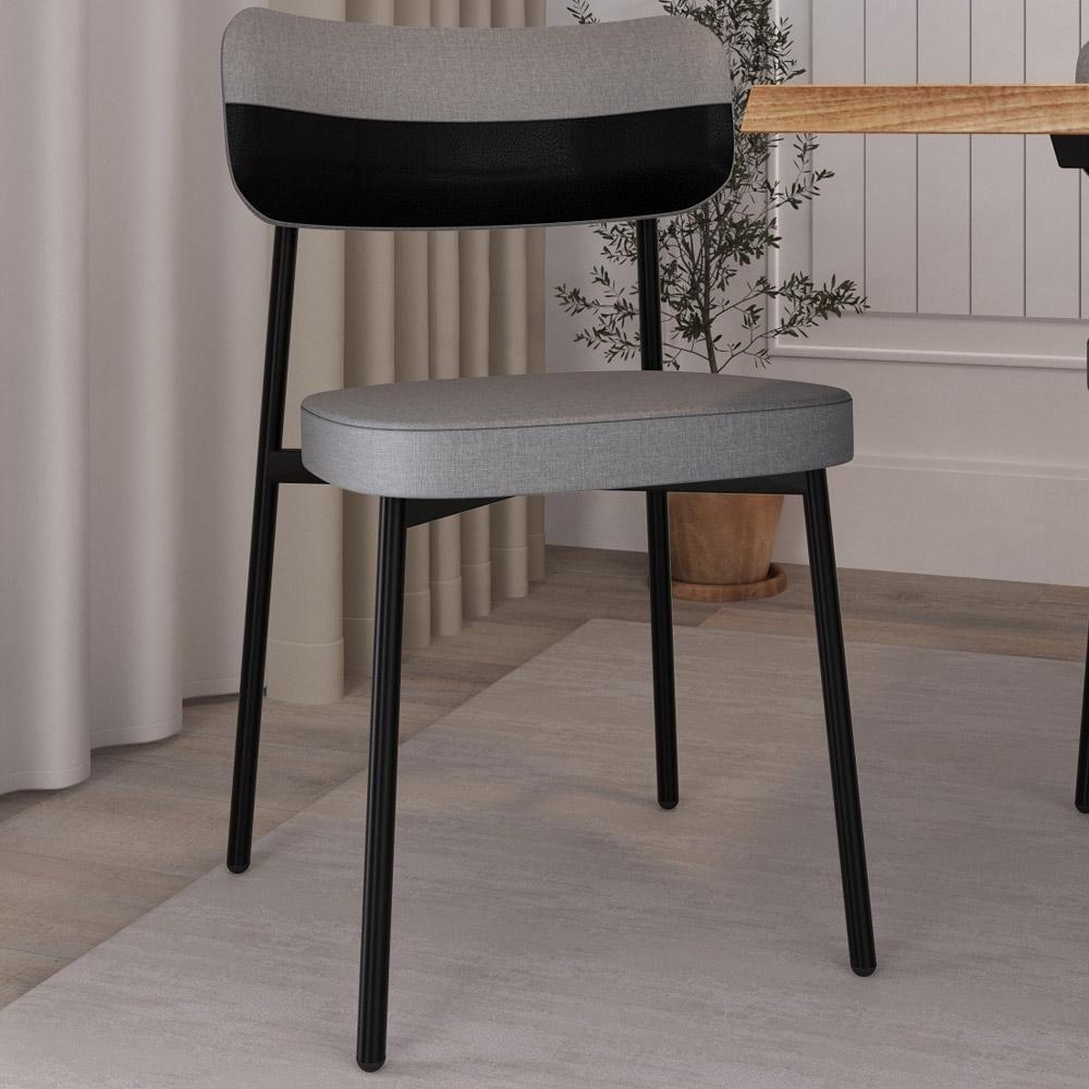 Kit 08 Cadeiras Estofada Para Sala De Jantar Astrid Preto C01 Linho Cinza Courino Preto - Lyam Decor - 6