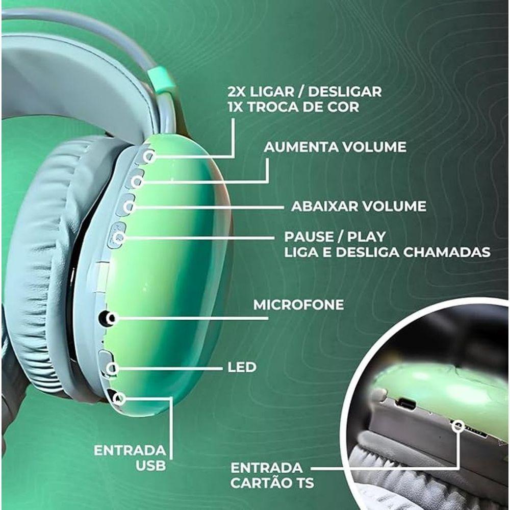 Fone De Ouvido Sem Fio Bluetooth V5.3 Com Led Verde - 5