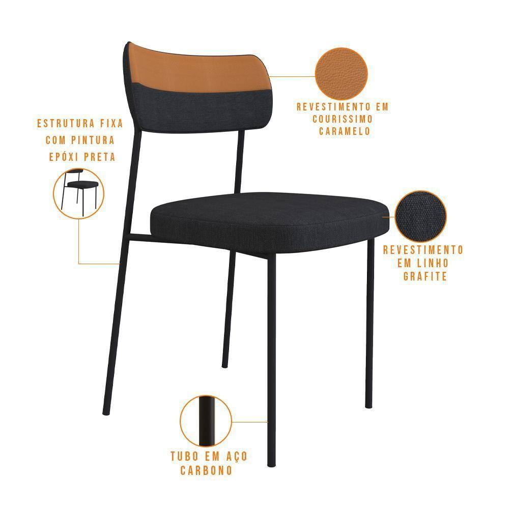 Cadeira Estofada Sala De Jantar F01 Linho Grafite Caramelo - 6