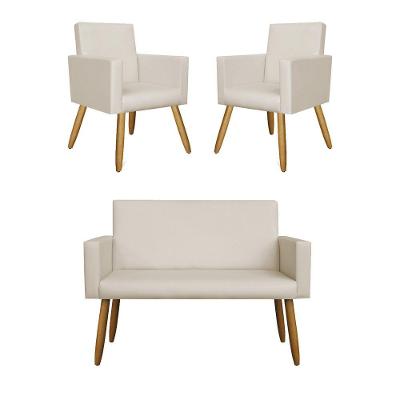 Kit Namoradeira + 02 Poltronas Decorativas Courino Promoção – Balaqui Decor Cor:courino Bege