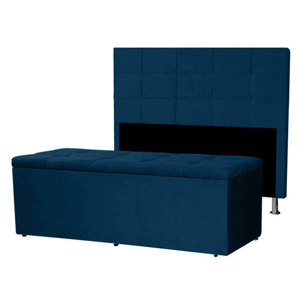 Kit Cabeceira E Calçadeira Baú Queen 1,60m Roma Suede - Pallazio Cor Azul Marinho - 1