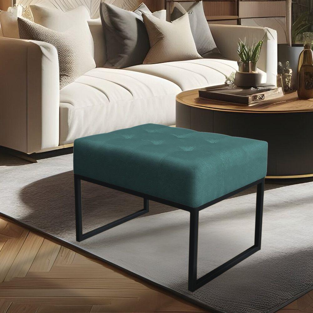 Puff Lisa Suede Azul Turquesa Base Metálica Industrial Preto - Pallazio - 5