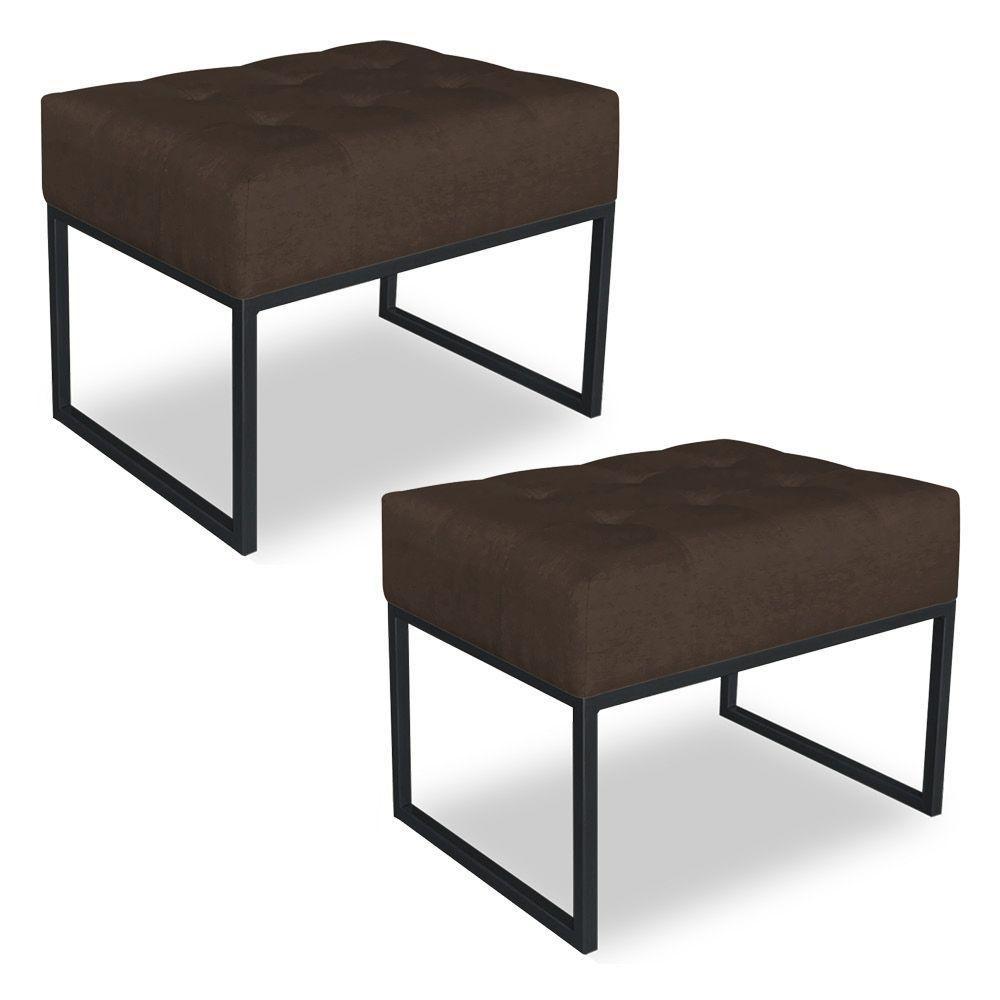 Kit 02 Puffs Lisa Suede Marrom Base Metálica Industrial Preto - Pallazio - 1