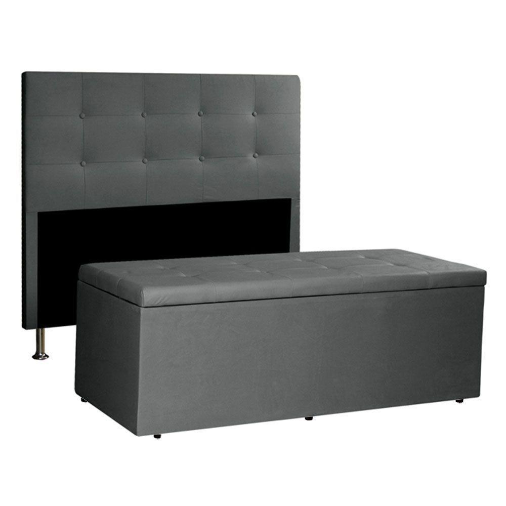 Kit Cabeceira E Calçadeira Baú Queen 1,60m Berlim Suede Cinza - Pallazio - 1