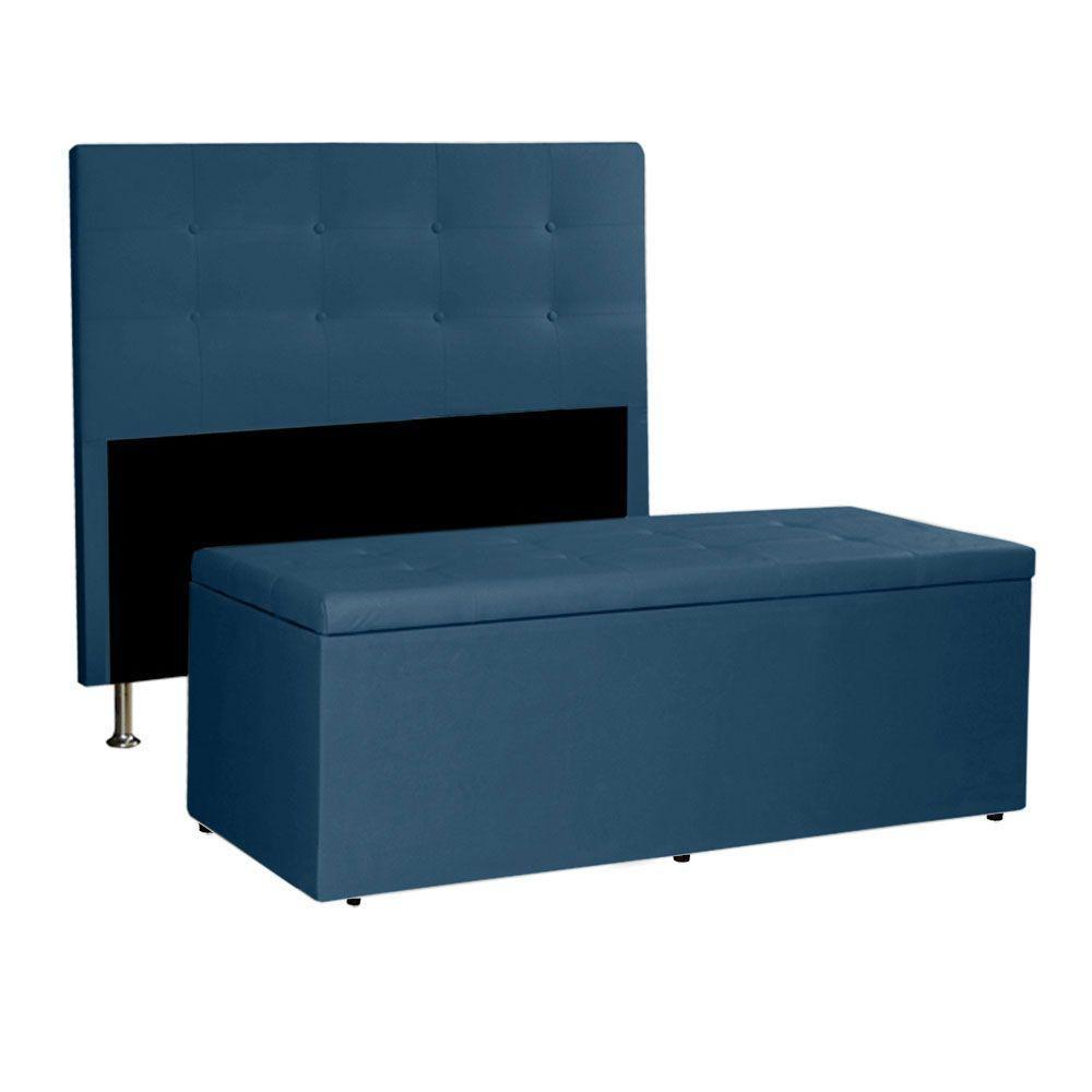 Kit Cabeceira E Calçadeira Baú Casal 1,40m Berlim Suede Azul Marinho - Pallazio - 1