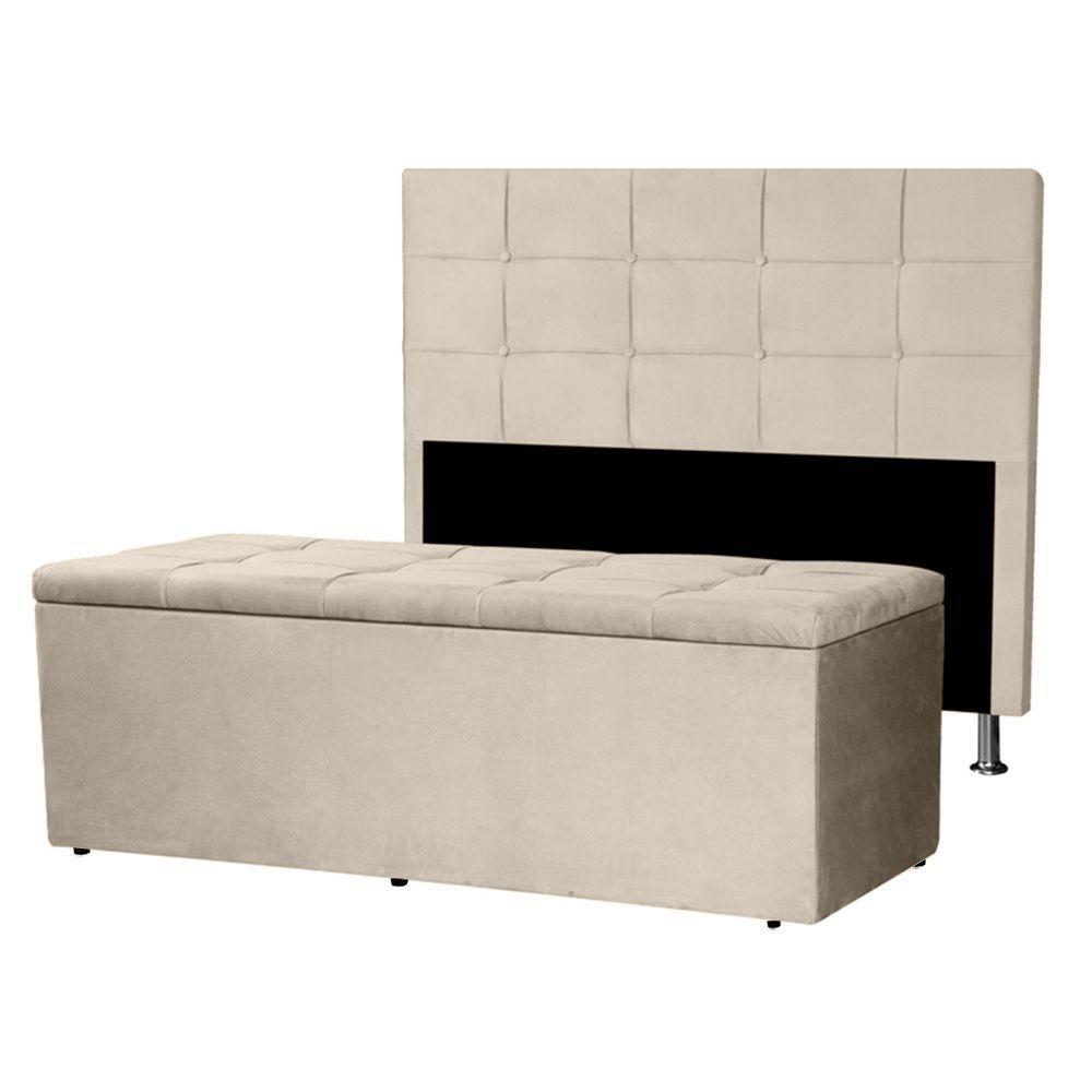 Kit Cabeceira E Calçadeira Baú Solteiro 0,90m Roma Suede Bege - Pallazio - 1