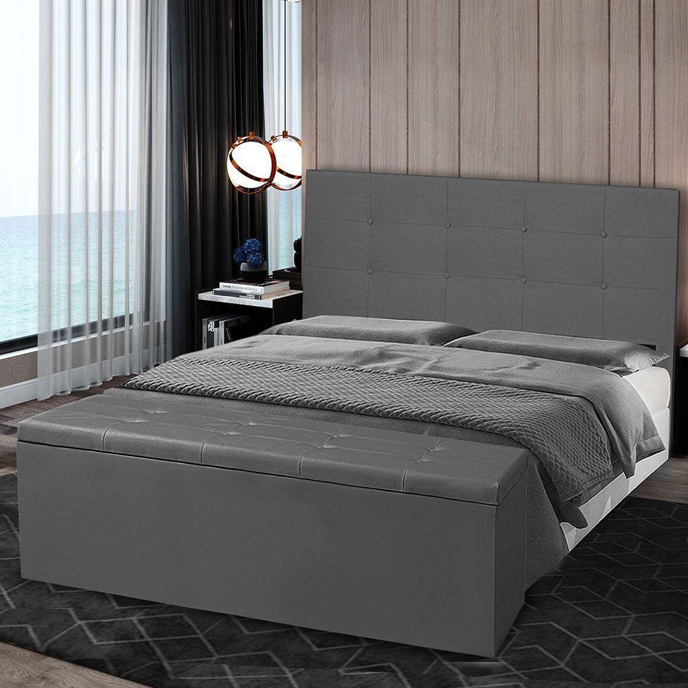 Kit Cabeceira E Calçadeira Baú Casal 1,40m Berlim Suede Cinza - Pallazio - 7