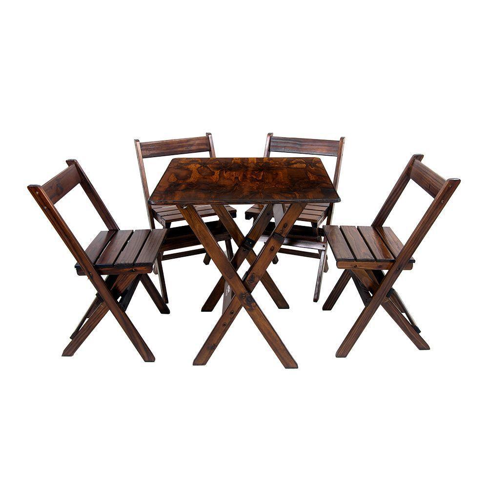 Conjunto Mesa Dobrável 70x70 Com 4 Cadeiras Em Madeira Maciça - Imbuia - Marrom - 1