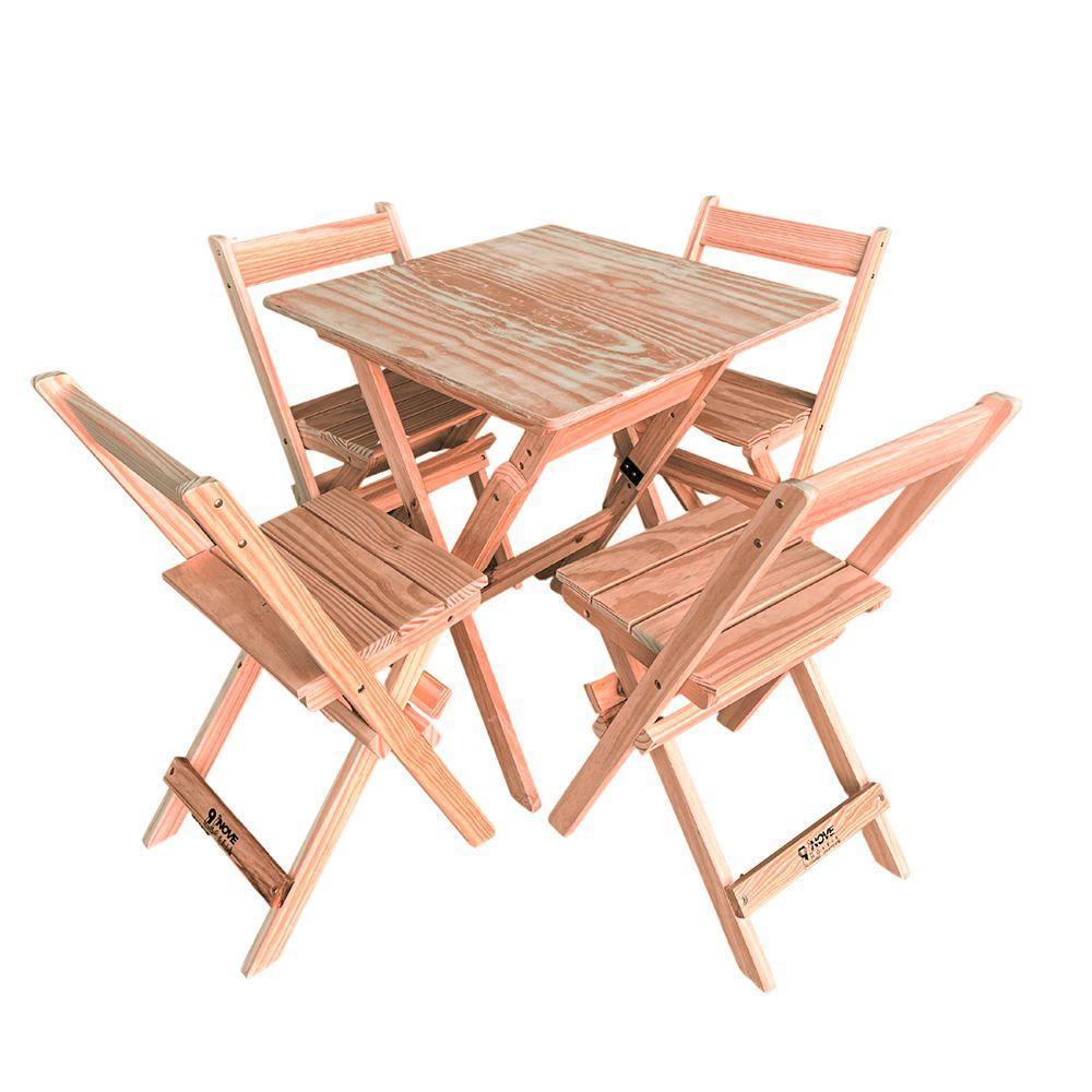 Conjunto Mesa Dobrável 60x60cm Com 4 Cadeiras Em Madeira Maciça - Cru - Bege - 6