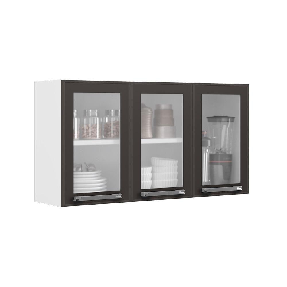 Armário Aéreo De Cozinha Grafite 3 Portas Com Vidro Florença - 1