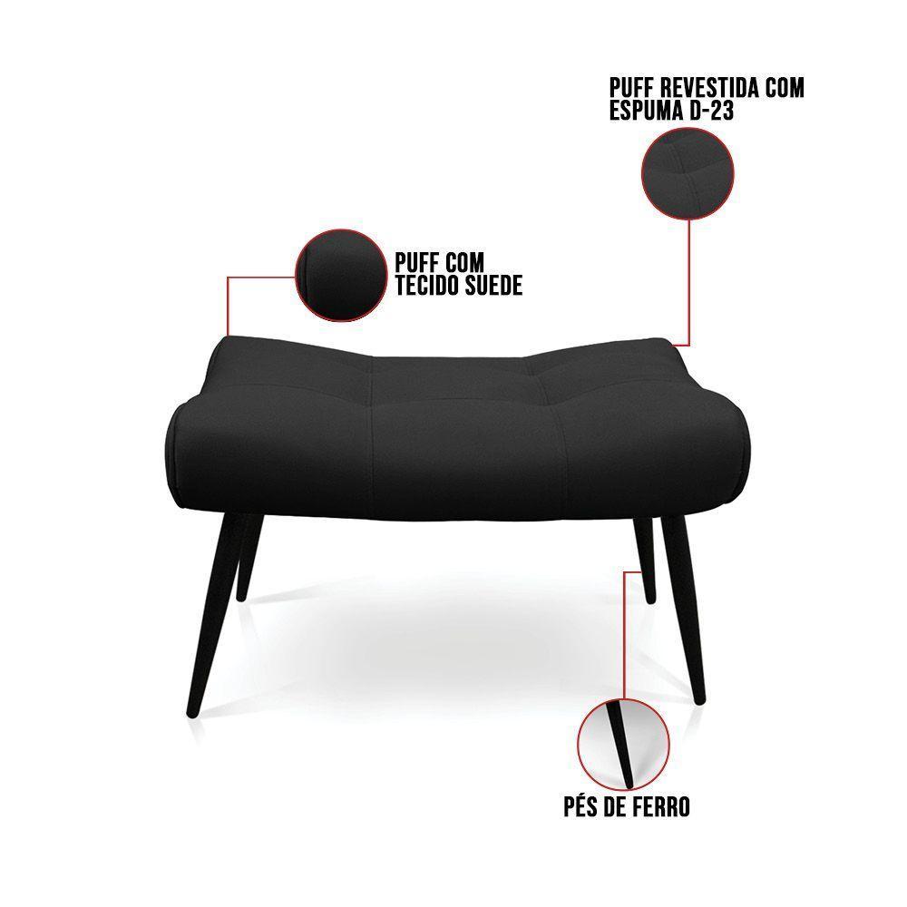 Kit 02 Puffs Sher Suede Preto Pés Palito De Ferro - D'Rossi - 2