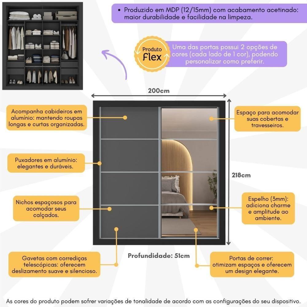 Guarda-roupas Casal Com Espelho 2 Portas De Correr 4 Gavetas Chicago Multimóveis Mp4316 Grafite Grafite - 6