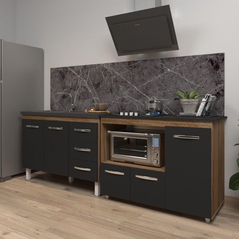 Armário Cozinha Balcão Gabinete De Pia 120 Cm Bruna E Balcão Alana Para Fogão Cooktop 4 Bocas E Forno Savana Preto - 5