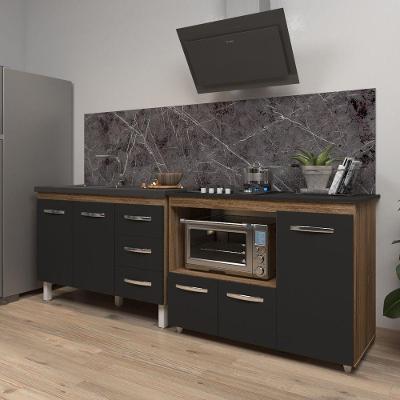 Armário Cozinha Balcão Gabinete De Pia 120 Cm Bruna E Balcão Alana Para Fogão Cooktop 4 Bocas E Forno Savana Preto