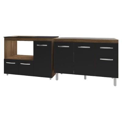 Gabinete Cozinha Armário Balcão De Pia 120 Cm Aline E Balcão Para Fogão Cooktop 4 Bocas E Forno Alana Savana Preto