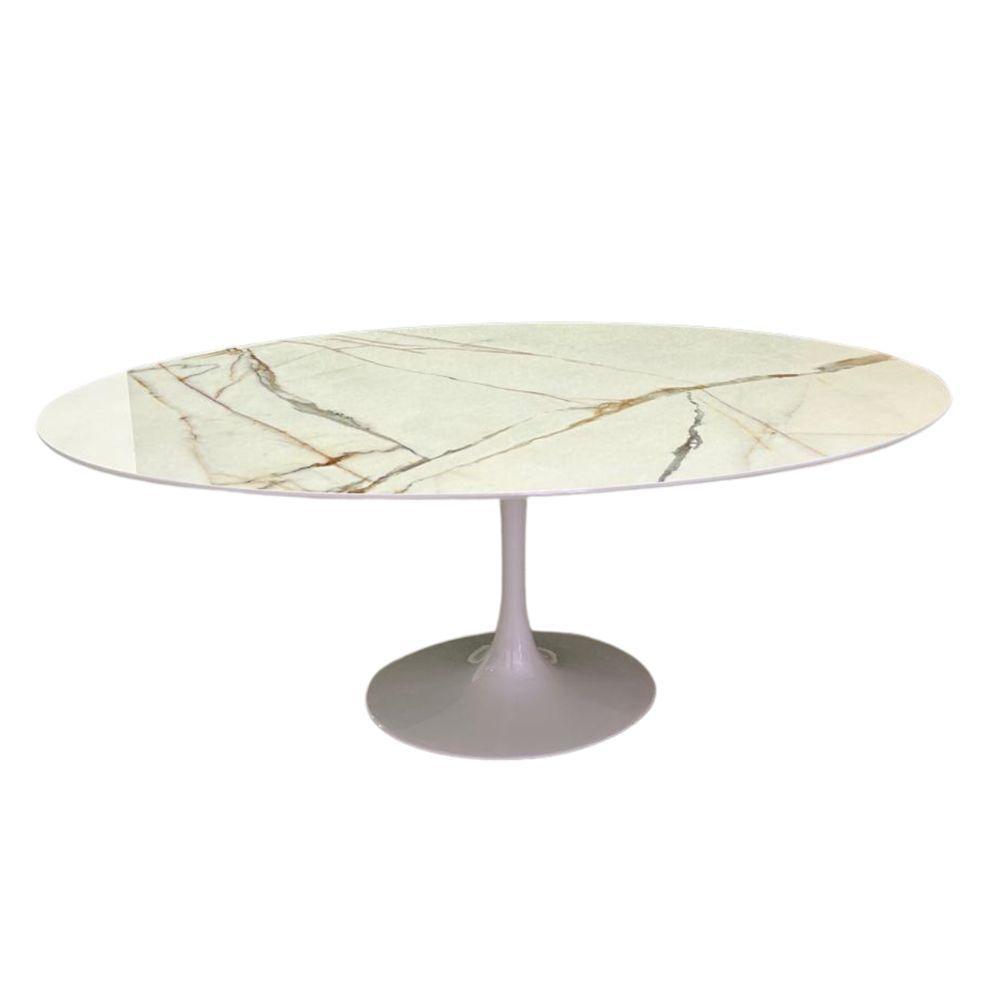 Mesa De Jantar Saarinen Oval 198x122 Cm Calacata Marmorizada Gelo Branco - 4