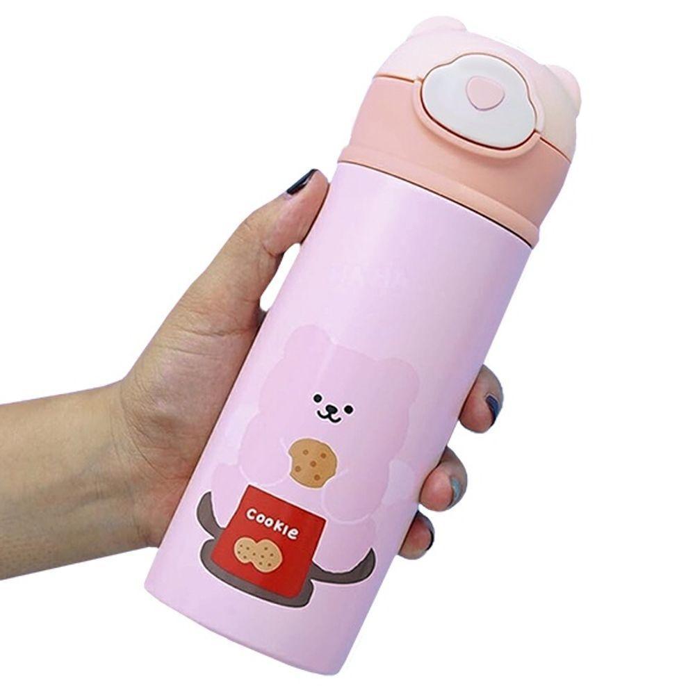 Garrafa Térmica De Ursinho Rosa Infantil Com Canudo De Silicone E Trava 420ml Em Aço Inoxidável - 4