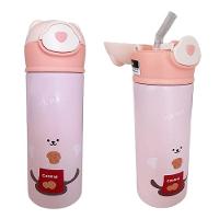 Garrafa Térmica De Ursinho Rosa Infantil Com Canudo De Silicone E Trava 420ml Em Aço Inoxidável - 2