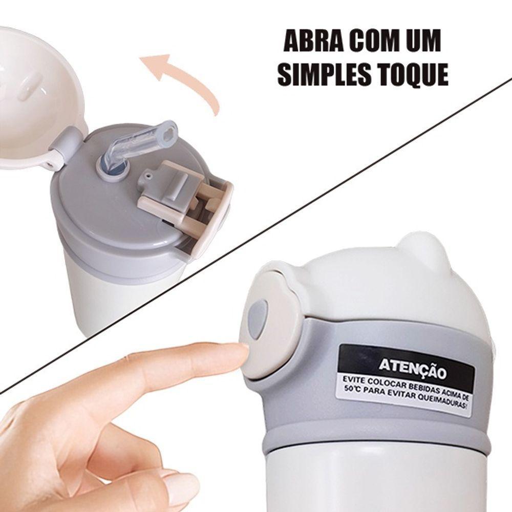 Garrafa Térmica De Ursinho Branca Infantil Com Canudo De Silicone E Trava 420ml Em Aço Inoxidável - 3