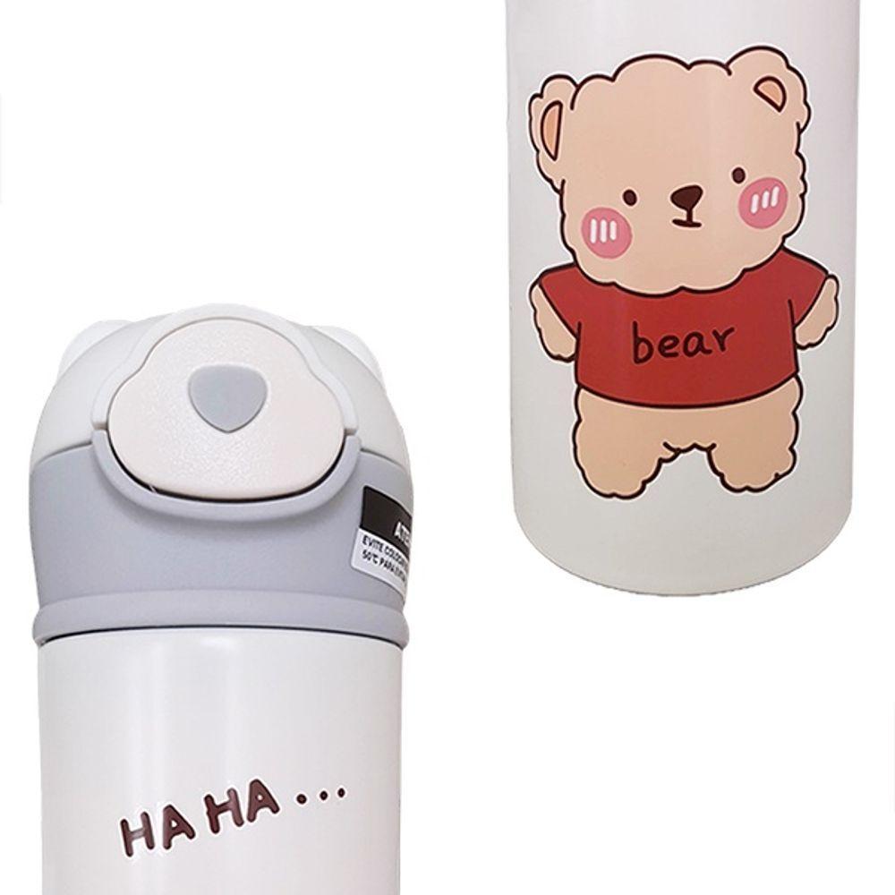 Garrafa Térmica De Ursinho Branca Infantil Com Canudo De Silicone E Trava 420ml Em Aço Inoxidável - 4