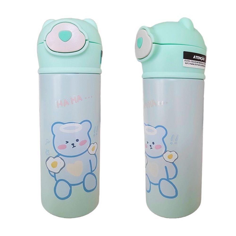 Garrafa Térmica De Ursinho Verde Infantil Com Canudo De Silicone E Trava 420ml Em Aço Inoxidável - 4