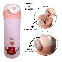 Garrafa Térmica Infantil Rosa 420ml Com Tampa De Ursinho E Canudo Para Bebidas Quentes E Frias - 2