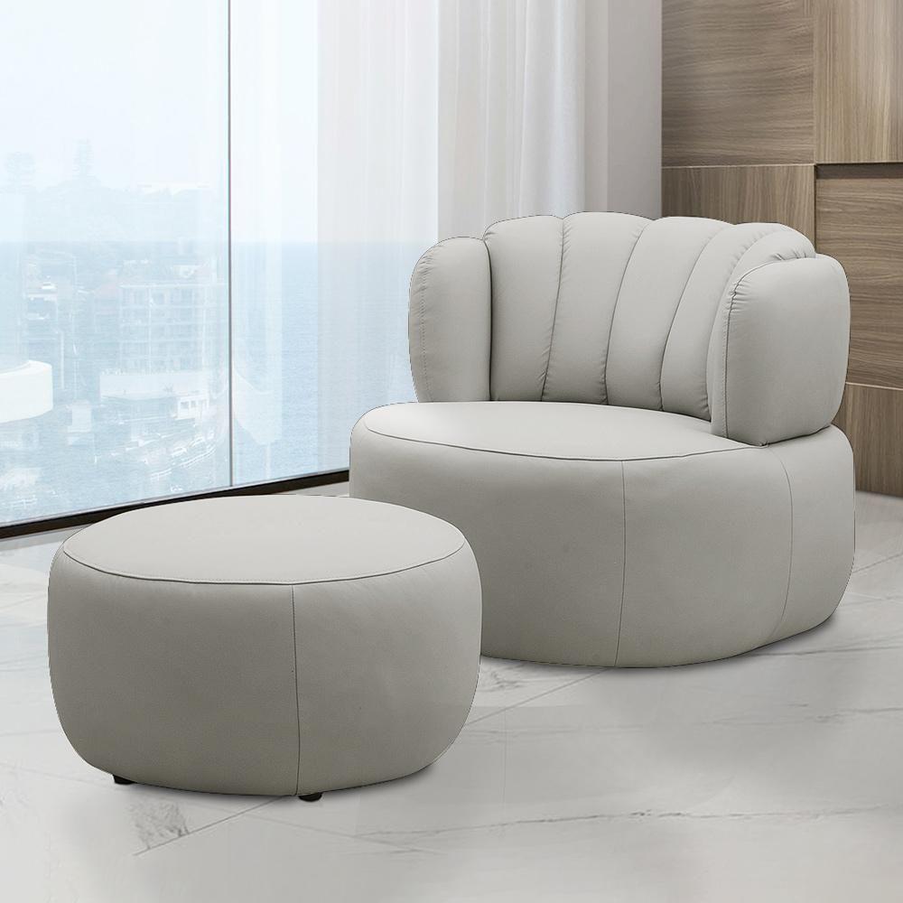 Conjunto Sala De Estar Mariele Poltrona Base Giratória Aço Com Puff Couro Off White - 1