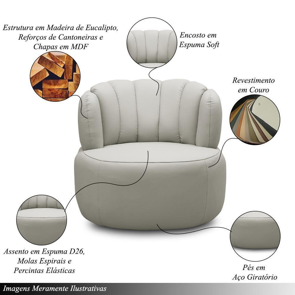 Conjunto Sala De Estar Mariele Poltrona Base Giratória Aço Com Puff Couro Off White - 4