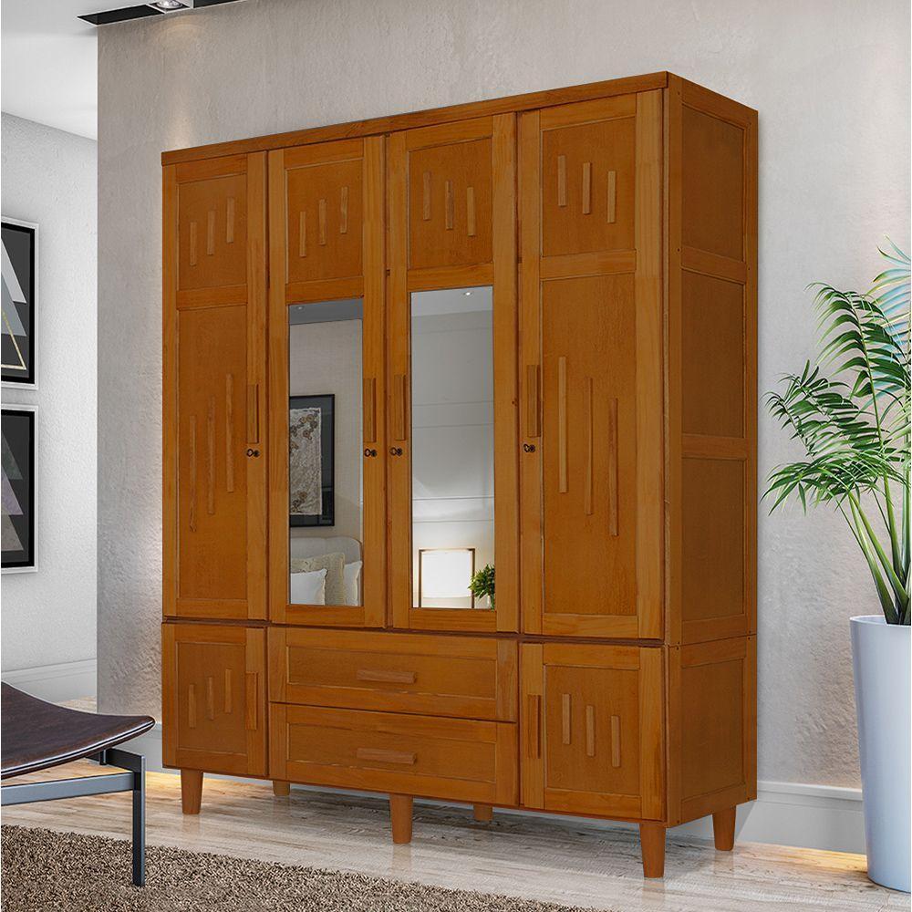 Roupeiro Em Madeira Maciça Imperatriz 4 Portas 2 Porta Com Espelho Castanho - Marrom - 1