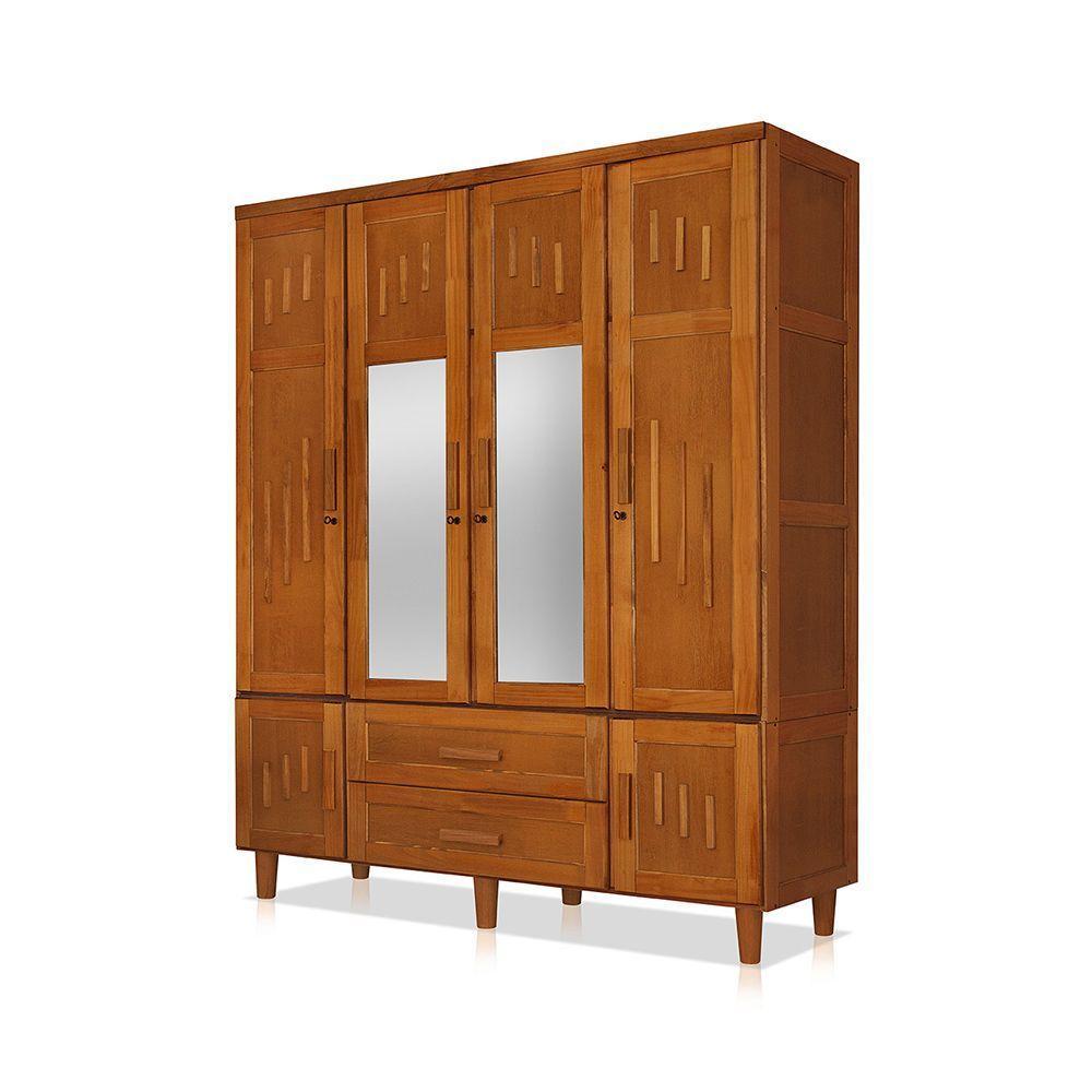 Roupeiro Em Madeira Maciça Imperatriz 4 Portas 2 Porta Com Espelho Castanho - Marrom - 3
