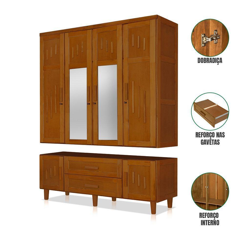 Roupeiro Em Madeira Maciça Imperatriz 4 Portas 2 Porta Com Espelho Castanho - Marrom - 4
